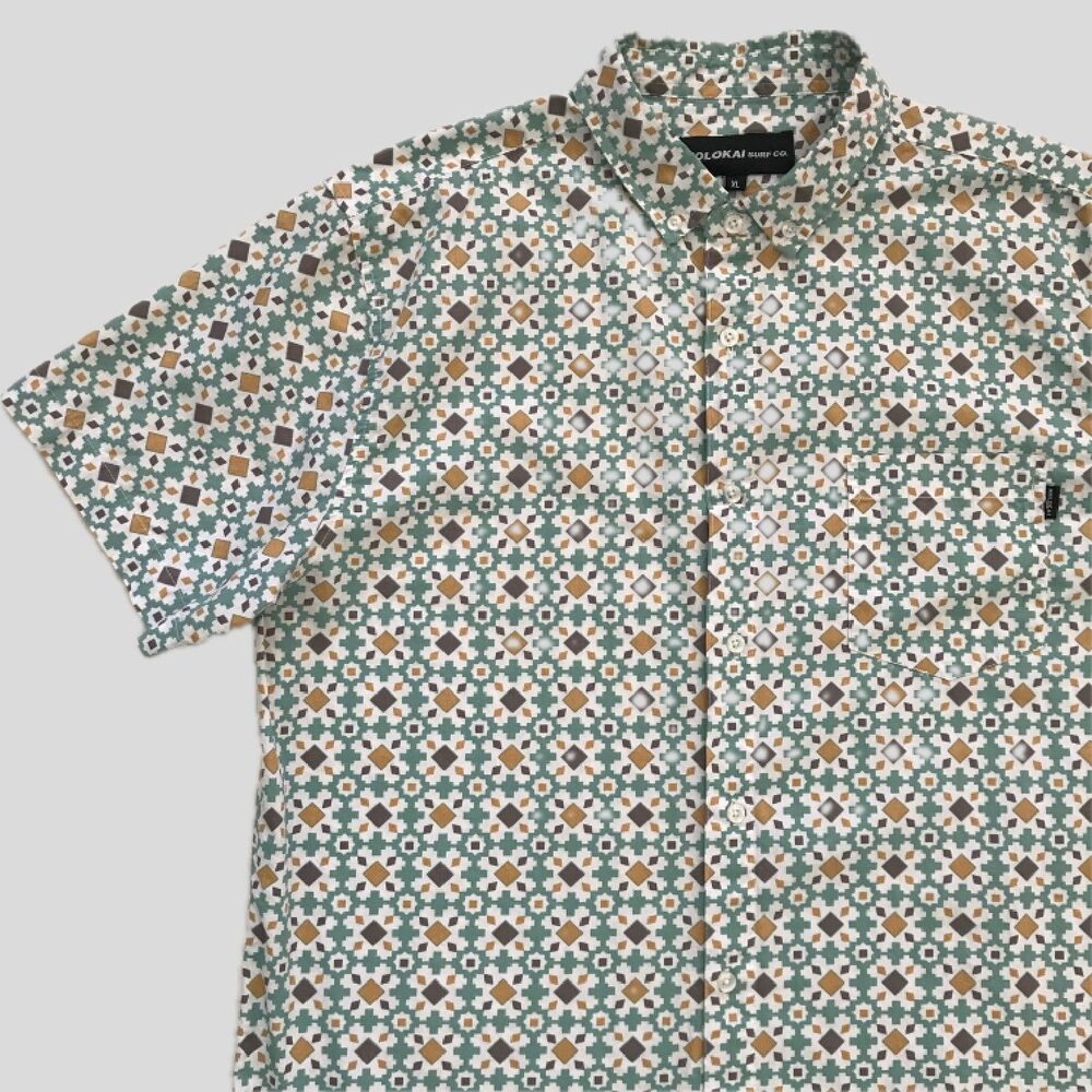 Molokai Surf Co Blue Geometric Southwestern Short Sleeve Cotton Shirt Mens XL